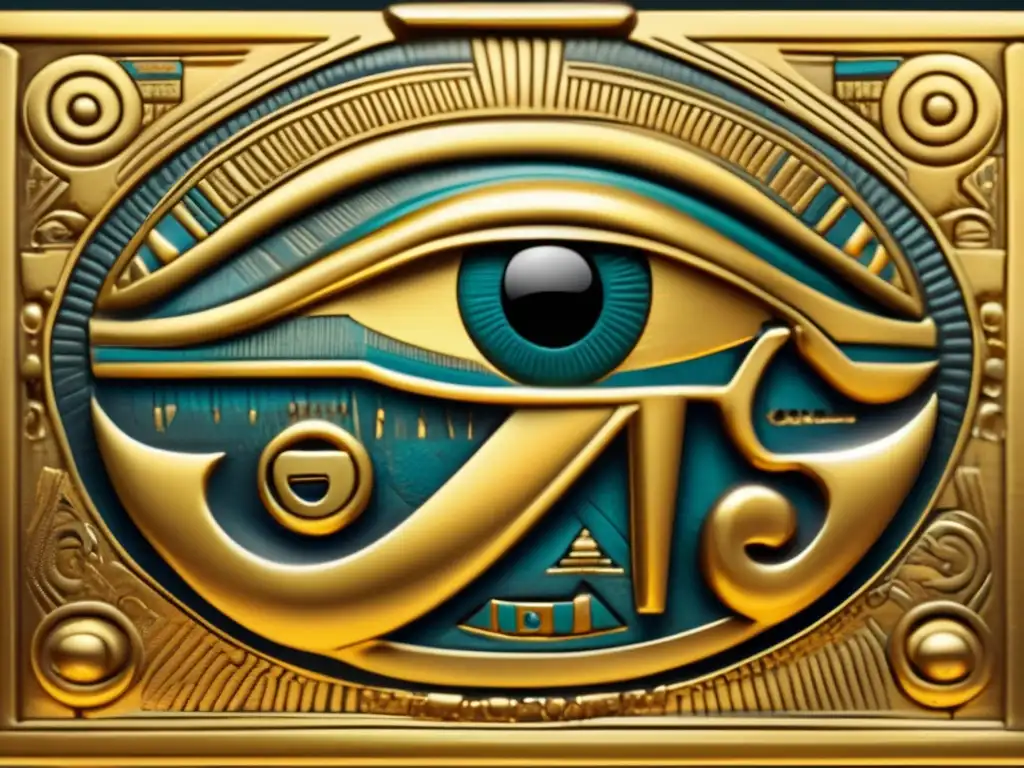 Una increíble imagen en 8k de un antiguo amuleto dorado en forma del Ojo de Horus encontrado en Saqqara, Egipto