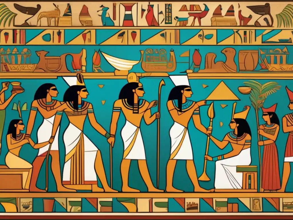 Increíble mural egipcio antiguo en vibrantes colores y detalles intrincados