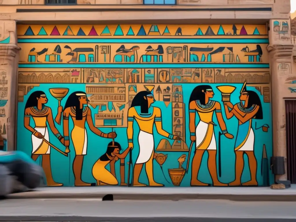 Un increíble mural de graffiti inspirado en el antiguo Egipto en una bulliciosa calle, fusionando arte callejero y la rica herencia cultural de Egipto