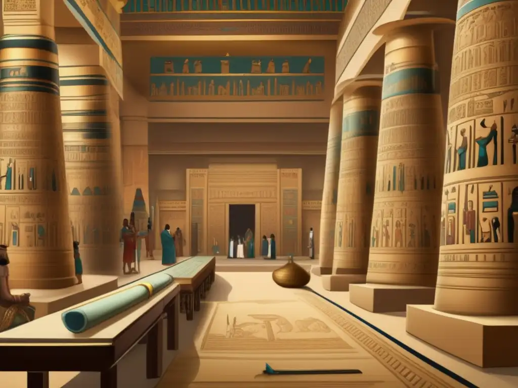 Influencia de la Administración Egipcia: Escena detallada de una sala antigua, con pilares tallados y scribes egipcios organizando información