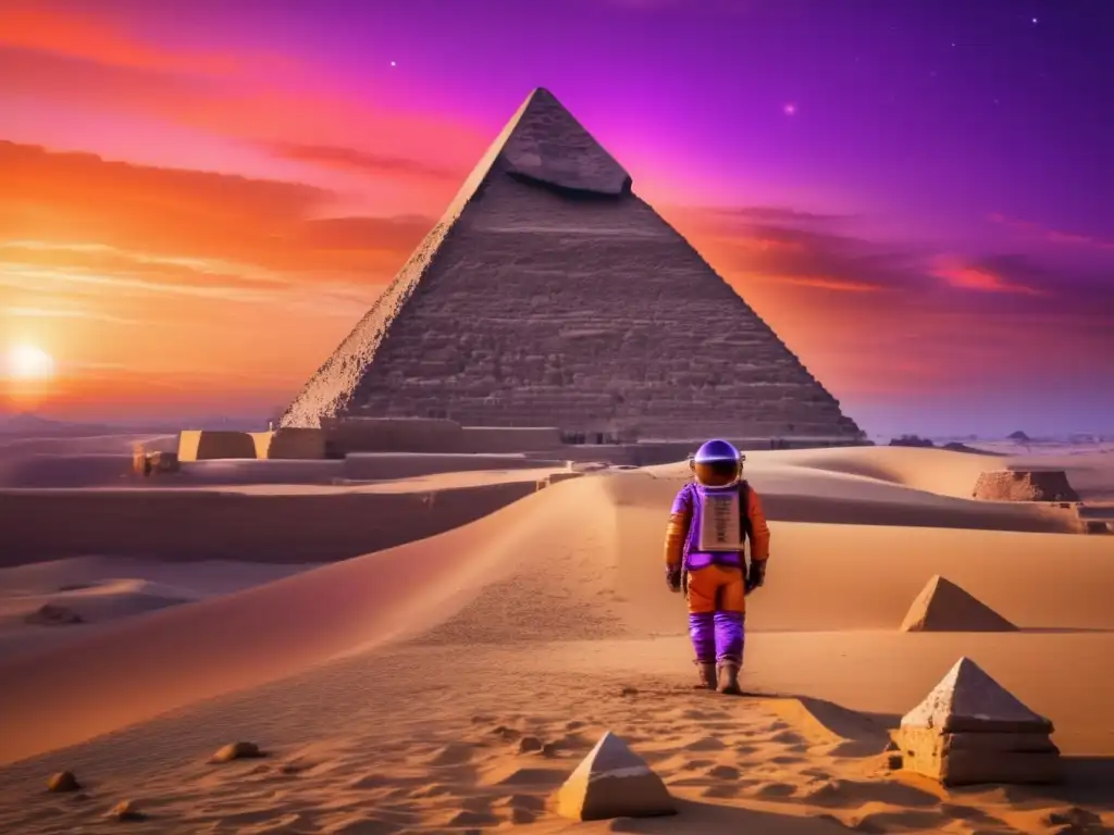 Influencia de antiguos astronautas en Egipto: La majestuosidad de la Gran Pirámide de Giza al atardecer, con un cielo naranja y morado hipnotizante