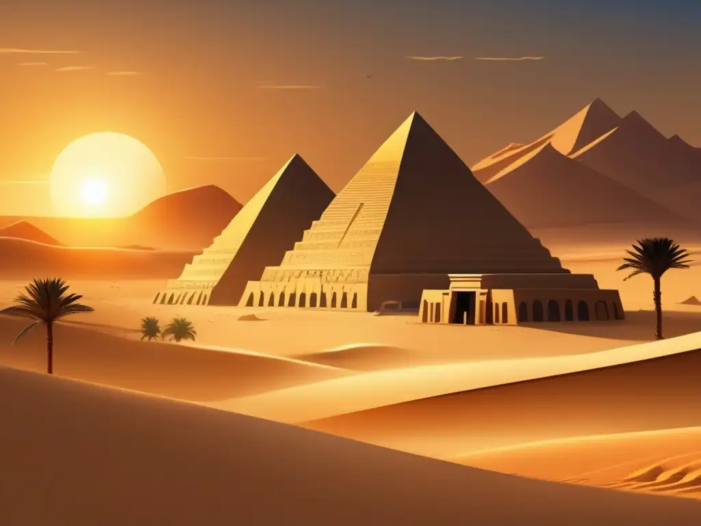 Influencia de antiguos astronautas en Egipto: Ilustración vintage de un majestuoso complejo de templos egipcios contra un impresionante telón de fondo desértico