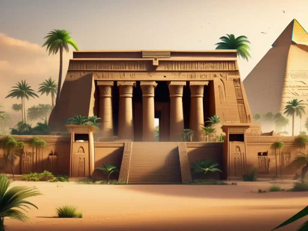 Influencia arquitectónica egipcia en el mundo: Un templo antiguo y majestuoso se alza entre exuberante vegetación