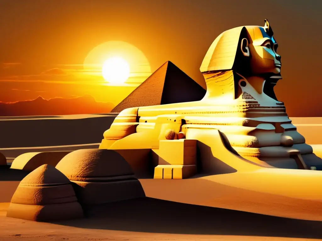 La influencia arquitectónica egipcia en el mundo cobra vida en esta imagen detallada del Gran Esfinge de Giza, con el sol poniéndose detrás