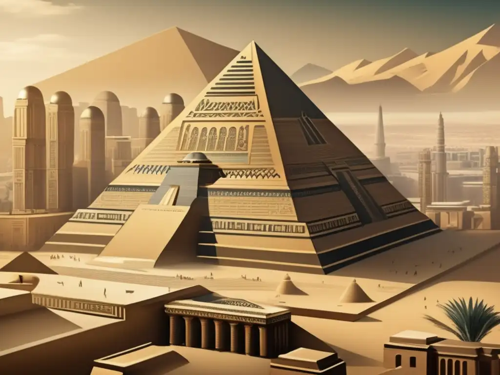 Influencia arquitectónica egipcia en el mundo: Una majestuosa estructura inspirada en el antiguo Egipto se alza en medio de una ciudad bulliciosa, exhibiendo detalles intrincados y enigmáticos, recordando las pirámides y obeliscos