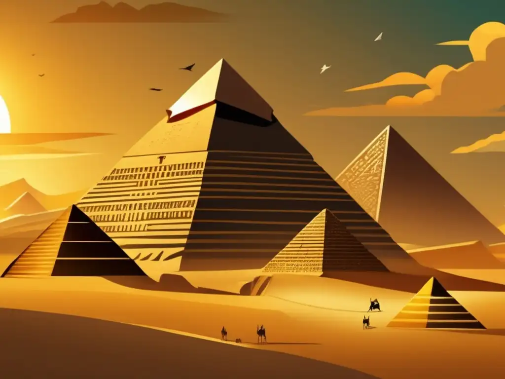 La influencia arquitectónica egipcia en el mundo cobra vida en una ilustración vintage de las majestuosas pirámides egipcias, detalladas y envejecidas, frente a una ciudad bulliciosa y moderna