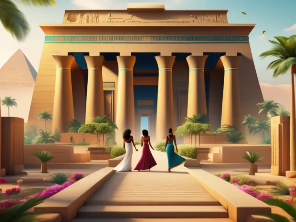 Influencia y autonomía de mujeres en Imperio Medio: Grupo de mujeres elegantes frente a un majestuoso templo en el antiguo Egipto