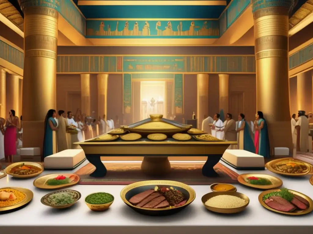 Influencia culinaria faraónica en gastronomía: Banquete en el antiguo Egipto, con platos exquisitos, música envolvente y una atmósfera de opulencia y esplendor