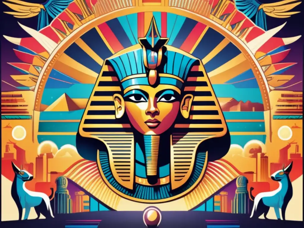 Influencia cultura pop antiguo Egipto: Un vibrante póster vintage con una interpretación moderna de la mitología egipcia
