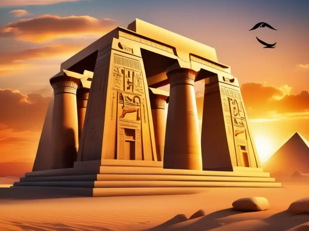 La influencia del Dios Ra en Egipto cobra vida en la majestuosidad de un antiguo templo egipcio, iluminado por un vibrante atardecer