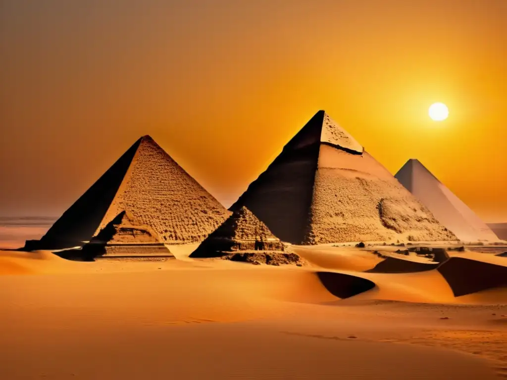 Influencia egipcia en la civilización de Meroe: Majestuosas pirámides de Meroe al atardecer, iluminadas por un cielo dorado