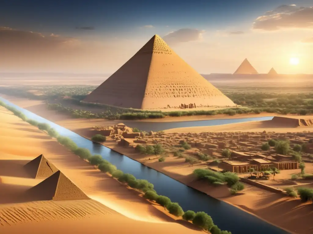 Influencia egipcia en Meroe: Majestuosas pirámides kushitas se alzan en la antigua ciudad, rodeadas de exuberante vegetación y el río Nilo