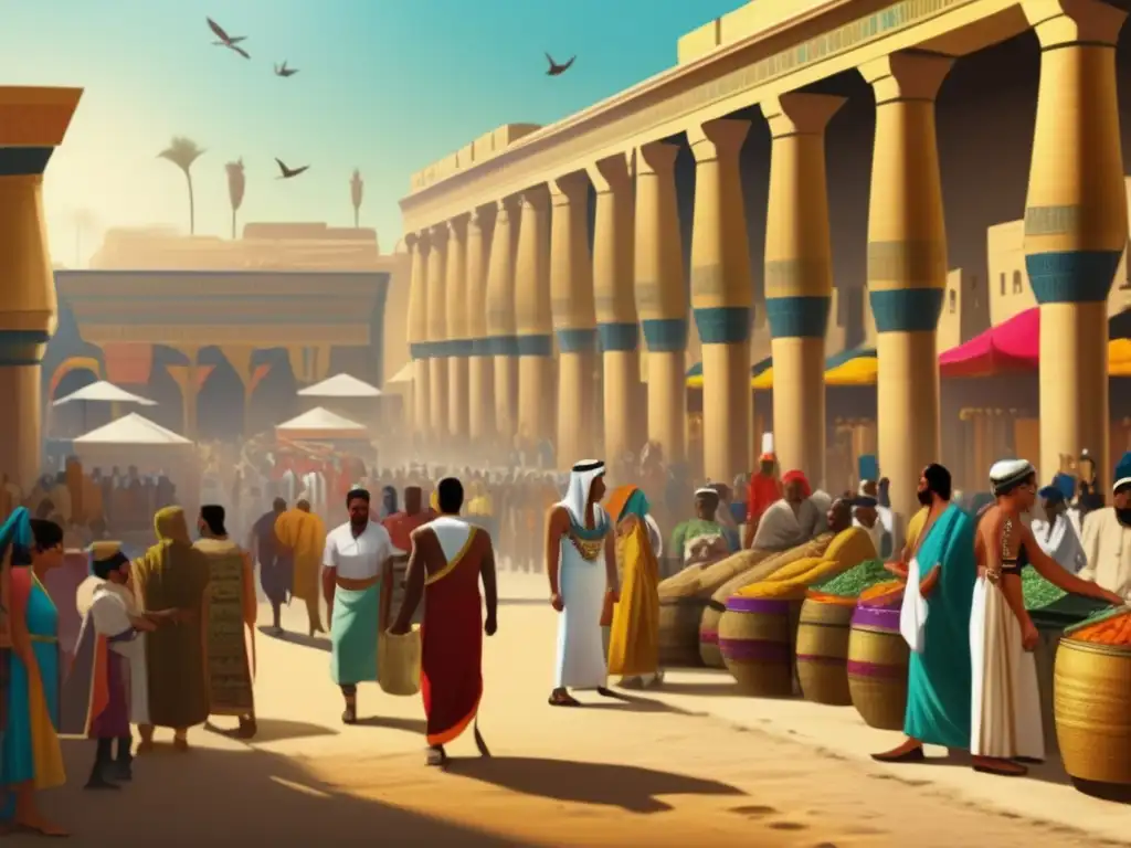 La influencia de la Administración Egipcia cobra vida en una animada plaza antigua llena de colores vibrantes y comerciantes entusiastas