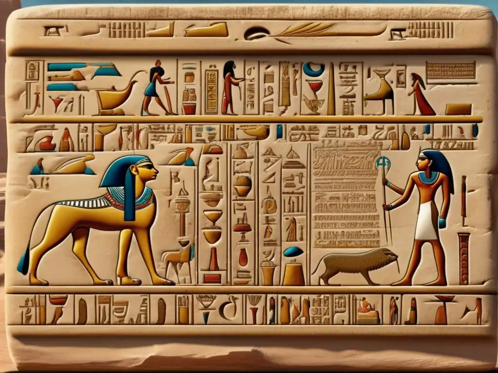 Influencia del egipcio antiguo en lenguas: Una tableta egipcia con jeroglíficos detallados y envejecidos, rodeada de pergaminos amarillentos