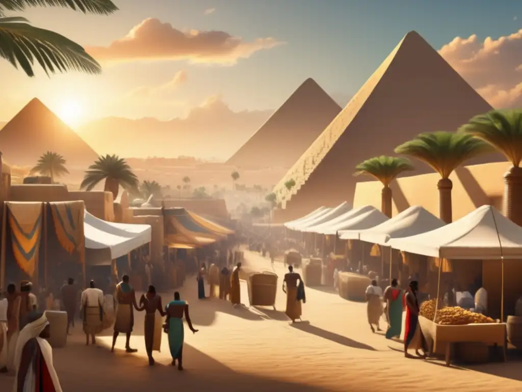 Influencia griega en la civilización egipcia: Mercado antiguo en Egipto, fusionando culturas en un ambiente vibrante y multicultural