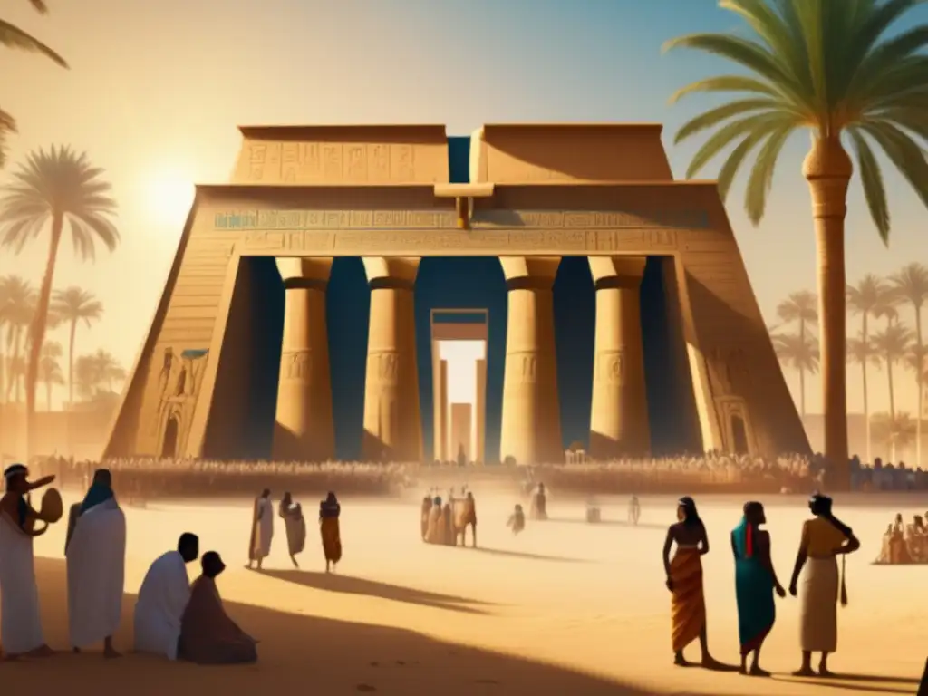 Influencia de los Himnos a Ra en la majestuosidad de un antiguo templo egipcio, bañado en luz dorada, con jeroglíficos tallados en sus paredes