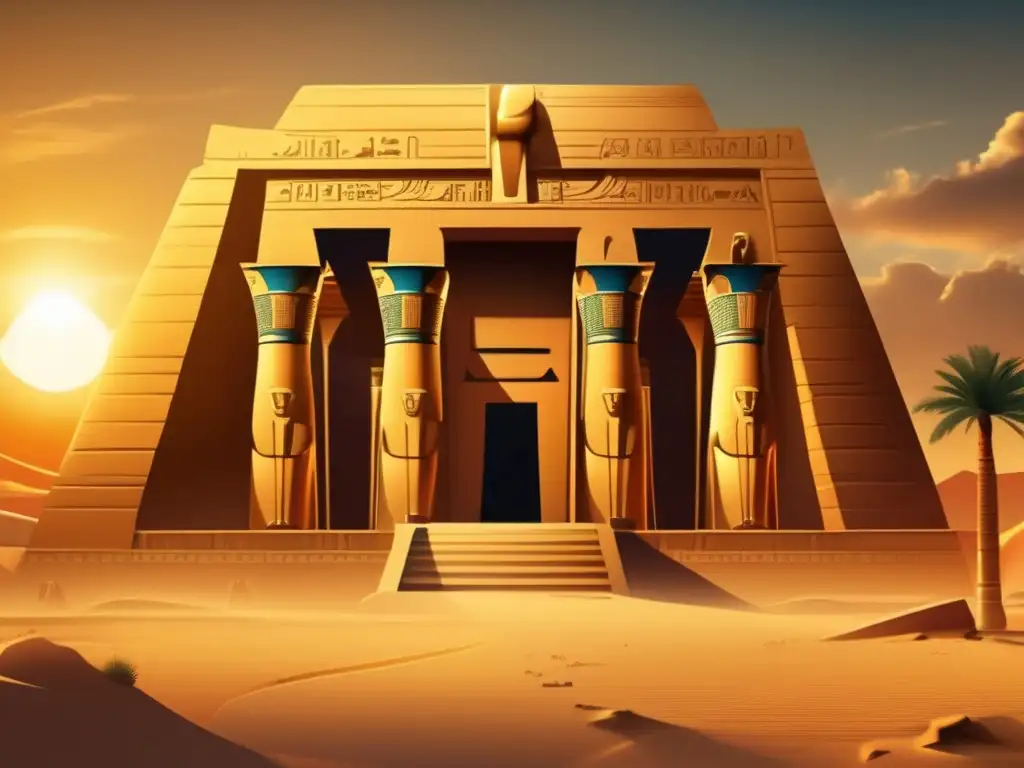Influencia de los Himnos a Ra: Un majestuoso templo egipcio antiguo dedicado al dios sol se alza frente a un cálido atardecer dorado