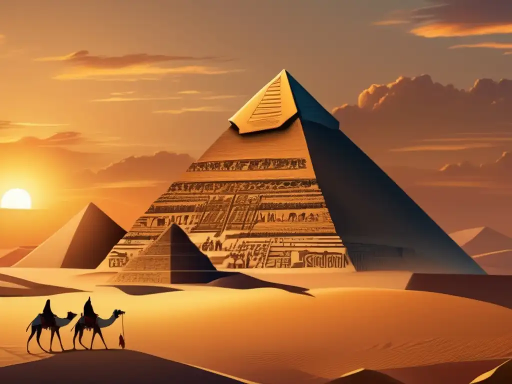 La influencia de los Himnos a Ra cobra vida en una ilustración vintage de una majestuosa pirámide egipcia al atardecer
