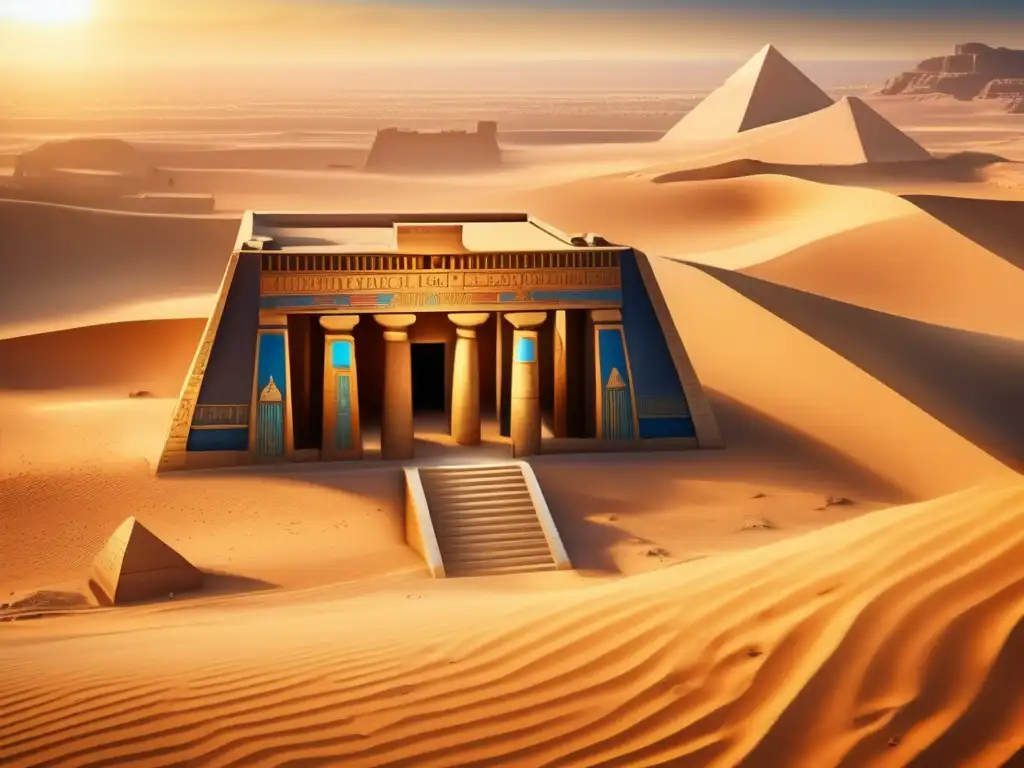 Influencia del Imperio Nuevo Egipto: Un antiguo templo egipcio se eleva majestuosamente en el desierto, bañado por cálidos rayos dorados