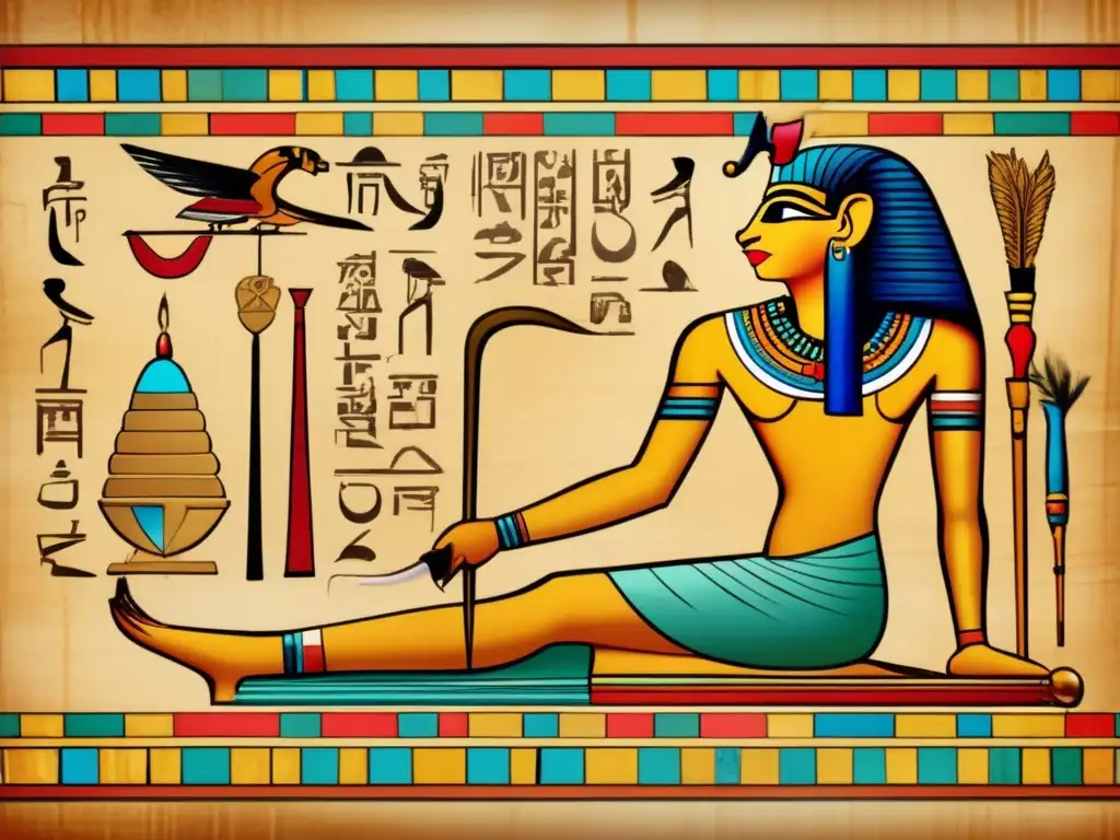 La majestuosa representación de Thot, dios egipcio de la sabiduría y la medicina, en un antiguo papiro con detalles impresionantes Influencia de Thot en medicina egipcia: Una imagen detallada de un antiguo papiro egipcio que muestra al dios Thot en una pose regia, sosteniendo una pluma emplumada en una mano y un instrumento médico en la otra