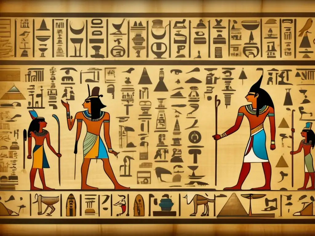 El antiguo papiro egipcio de Thot: sabiduría y medicina Influencia de Thot en la medicina egipcia plasmada en un antiguo pergamino de jeroglíficos detallados, que revela su sabiduría y conocimiento