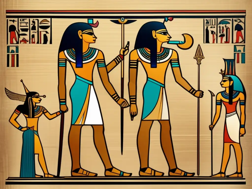 Influencia de la mitología en la medicina del antiguo Egipto: Imagen vintage de un papiro egipcio que muestra a los dioses Thoth e Isis