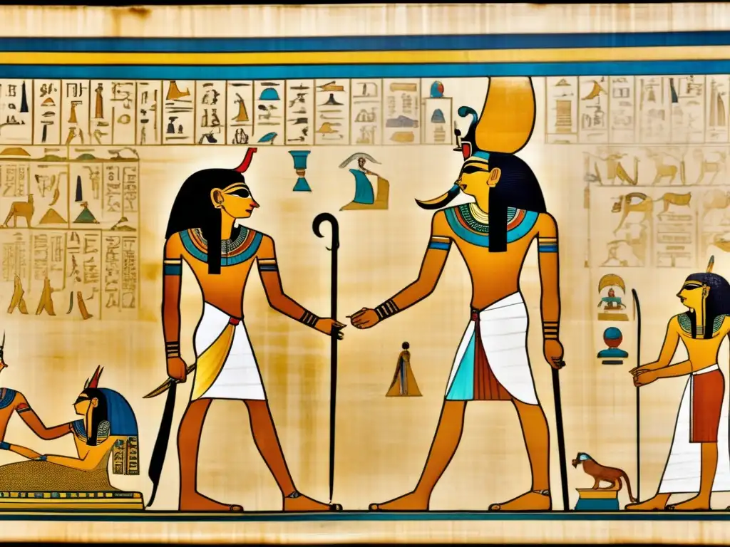 Influencia mitología medicina Antiguo Egipto: Un antiguo papiro egipcio despliega su delicada trama de fibras y trazos de tinta desvanecidos