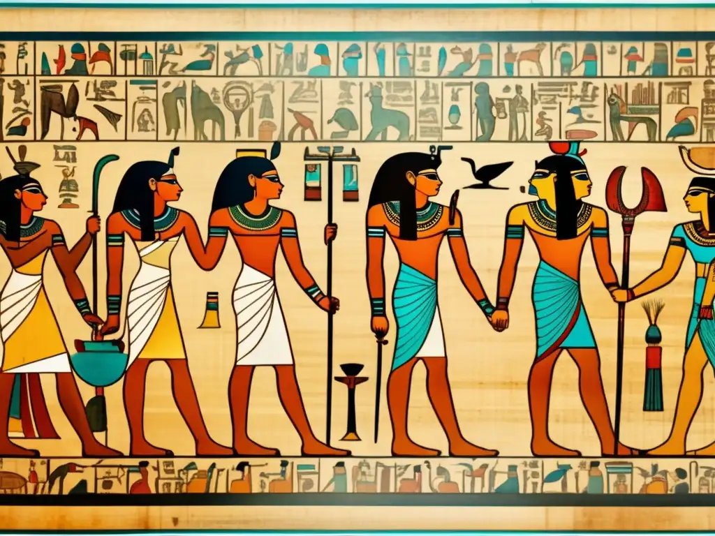 Influencia de la mitología en la medicina del Antiguo Egipto: Detallada imagen 8k de un antiguo papiro con los dioses egipcios rodeando al dios de la medicina, mostrando tratamientos médicos y procedimientos en ilustraciones vividas y jeroglíficos intrincados