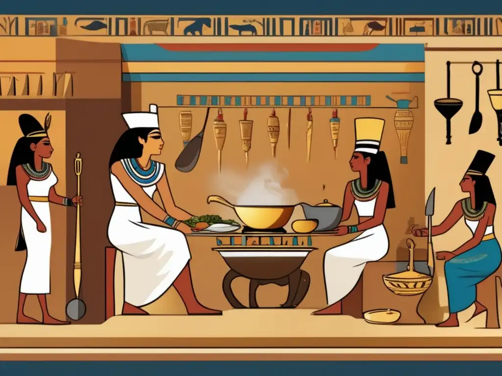 Influencia gastronomía moderna Antiguo Egipto: Escena detallada de una cocina egipcia antigua, con utensilios e ingredientes culinarios
