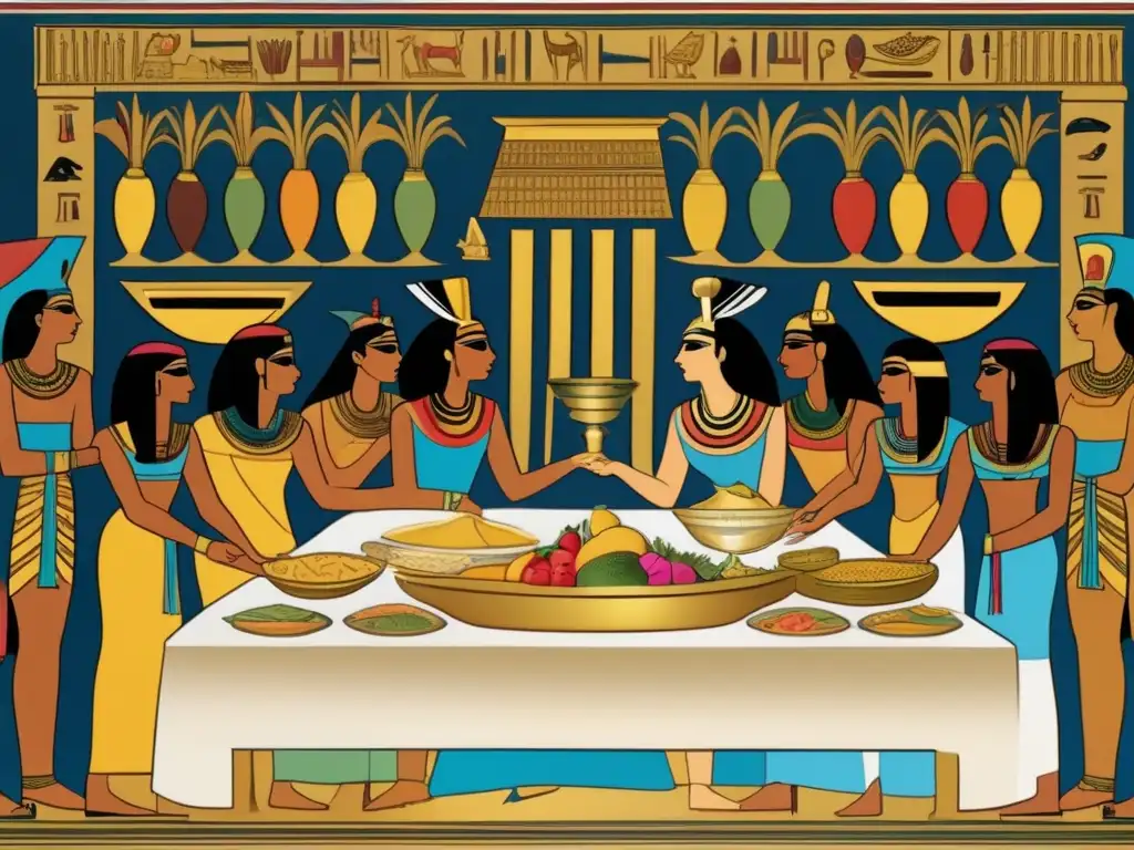 Influencia gastronomía moderna Antiguo Egipto: Una escena detallada de un festín egipcio antiguo
