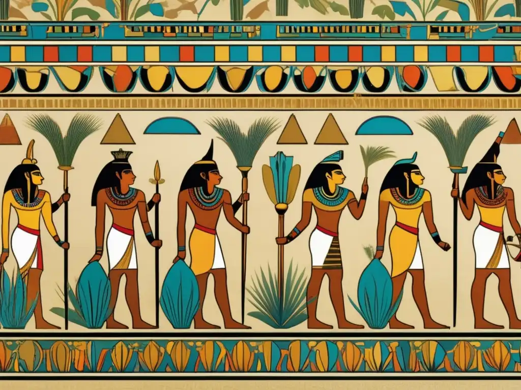 Influencia de la naturaleza en el diseño egipcio: un mural vintage detallado con ornamentación inspirada en elementos naturales