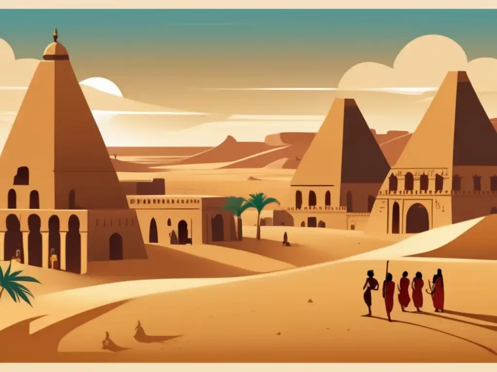 Influencia de Nubia en Egipto: Una ilustración vintage que muestra la antigua civilización de Nubia, con una ciudad bulliciosa y templos adornados