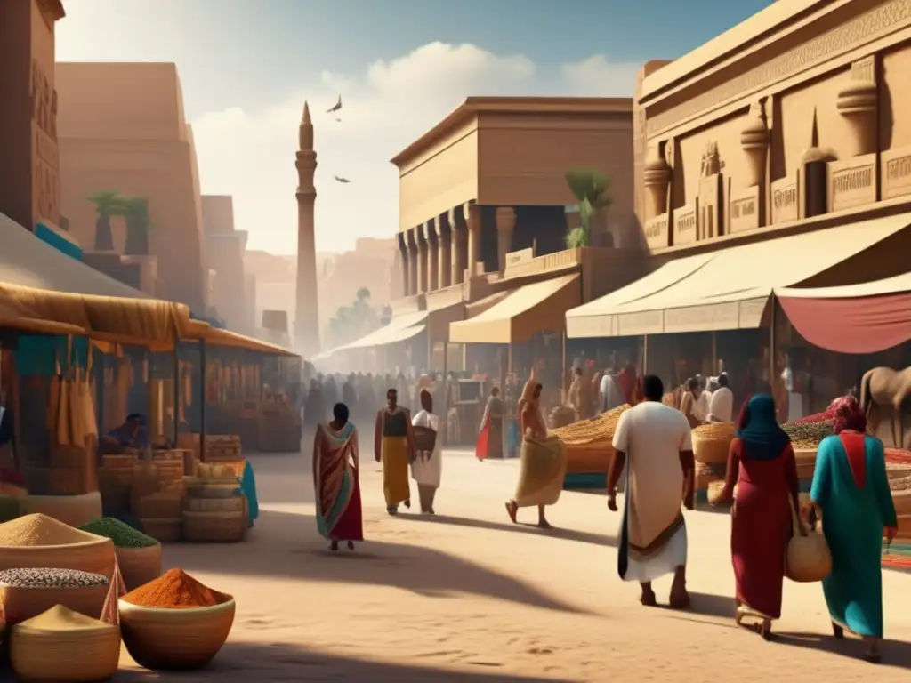 Influencia del Periodo Tardío en Egipto: Un bullicioso mercado en el antiguo Egipto, con columnas de piedra talladas y puestos llenos de especias, textiles y artefactos