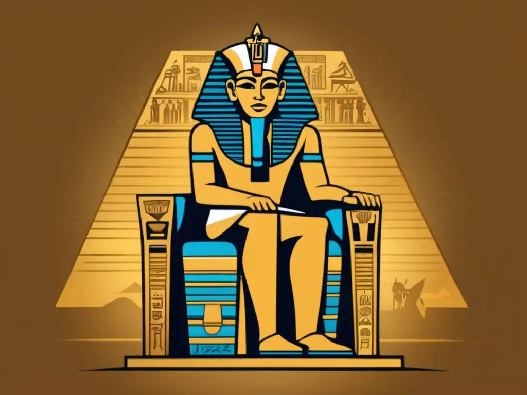 Influencia política y liderazgo del Antiguo Egipto: un poderoso Faraón en su trono dorado, rodeado de jeroglíficos y símbolos reales