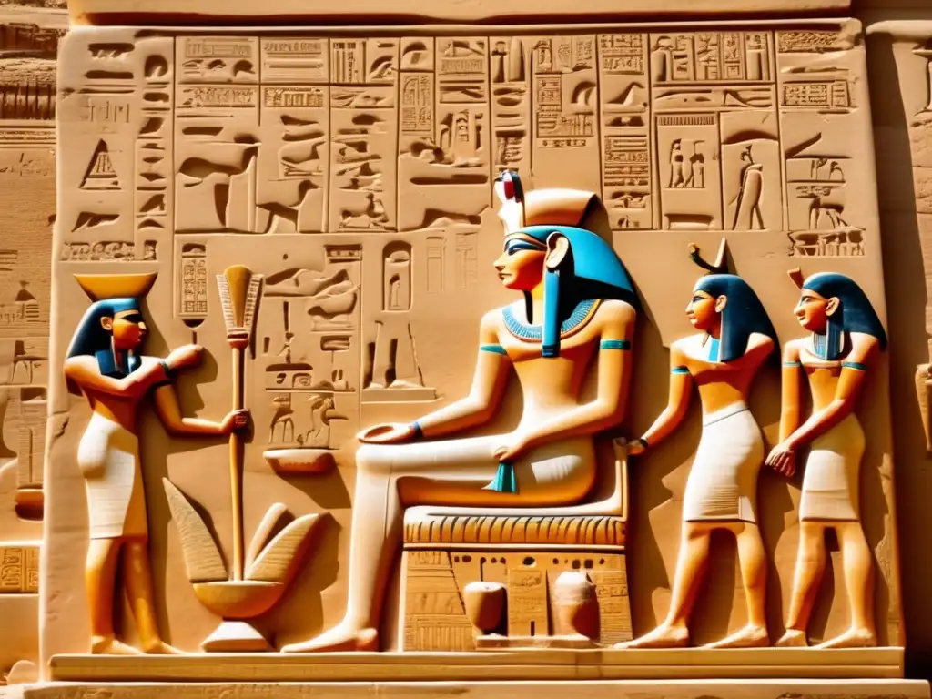 Influencia política y liderazgo en el Antiguo Egipto: Relieve antiguo egipcio de un poderoso faraón en su trono, rodeado de jeroglíficos y símbolos