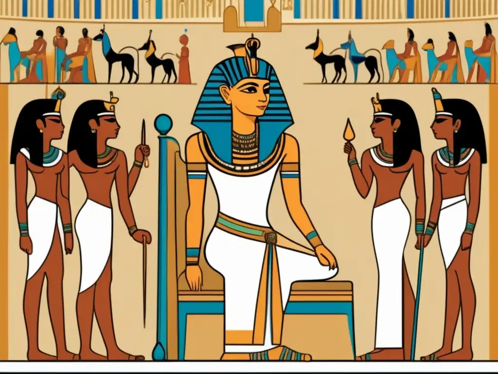 Influencia política y vida familiar en el antiguo Egipto: Un faraón rodeado de su familia en su palacio, representando su poder y estatus
