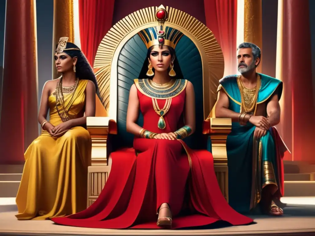 Influencia romana en la caída de Egipto: Cleopatra VII en su trono rodeada de senadores romanos, vestida en rojo y oro, con joyas y ojos cautivadores