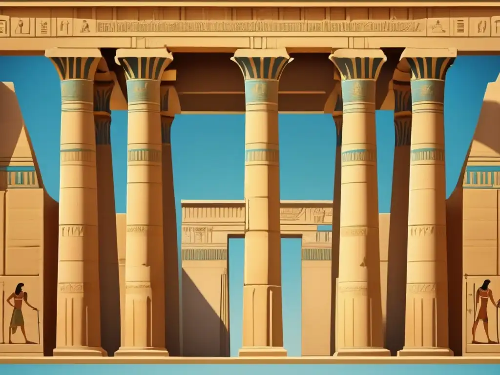 Influencias griegas y romanas en Egipto: Un templo egipcio vintage adornado con toques griegos y romanos se alza imponente bajo un cielo azul