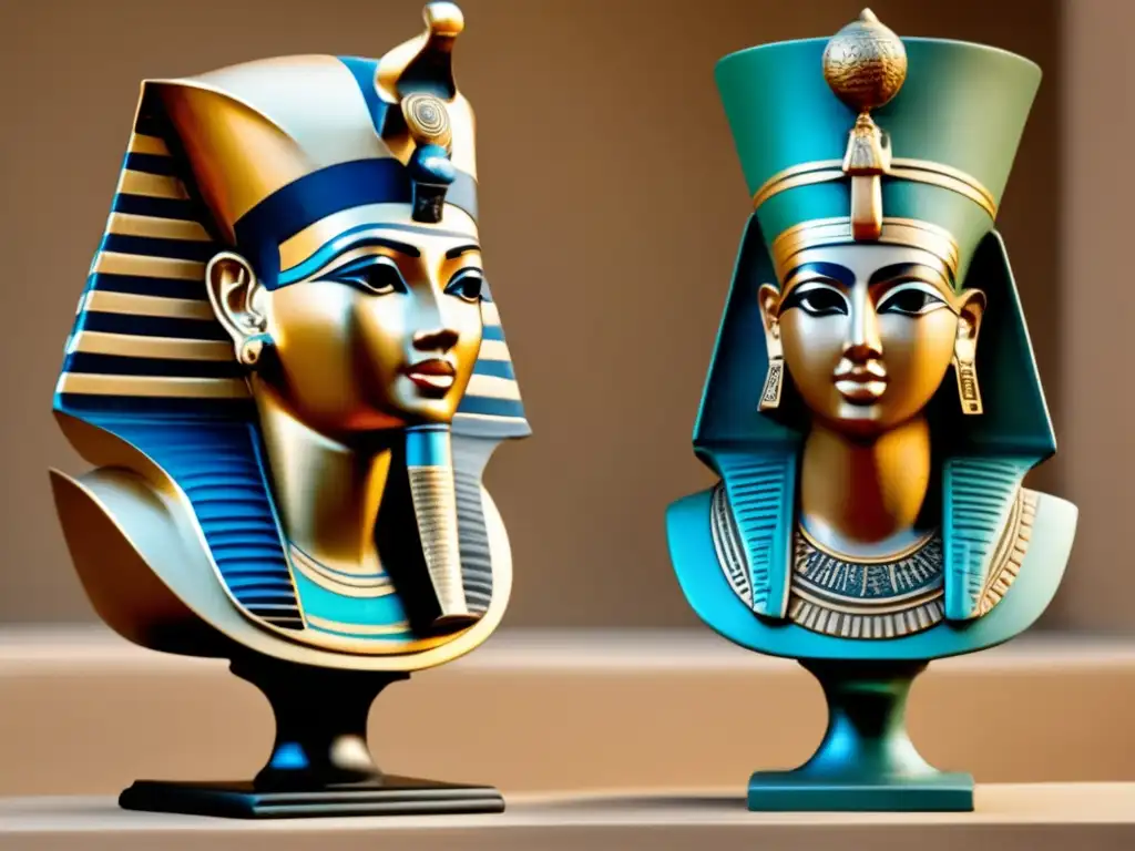Influencias recíprocas: escultura egipcia y mediterránea, juntas en una sala iluminada, revelando su esencia histórica y estilos distintivos