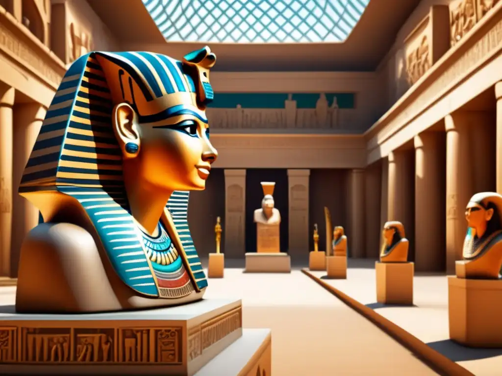 Influencias recíprocas en la escultura egipcia y mediterránea: una imagen vintage en un majestuoso salón de museo lleno de artefactos antiguos