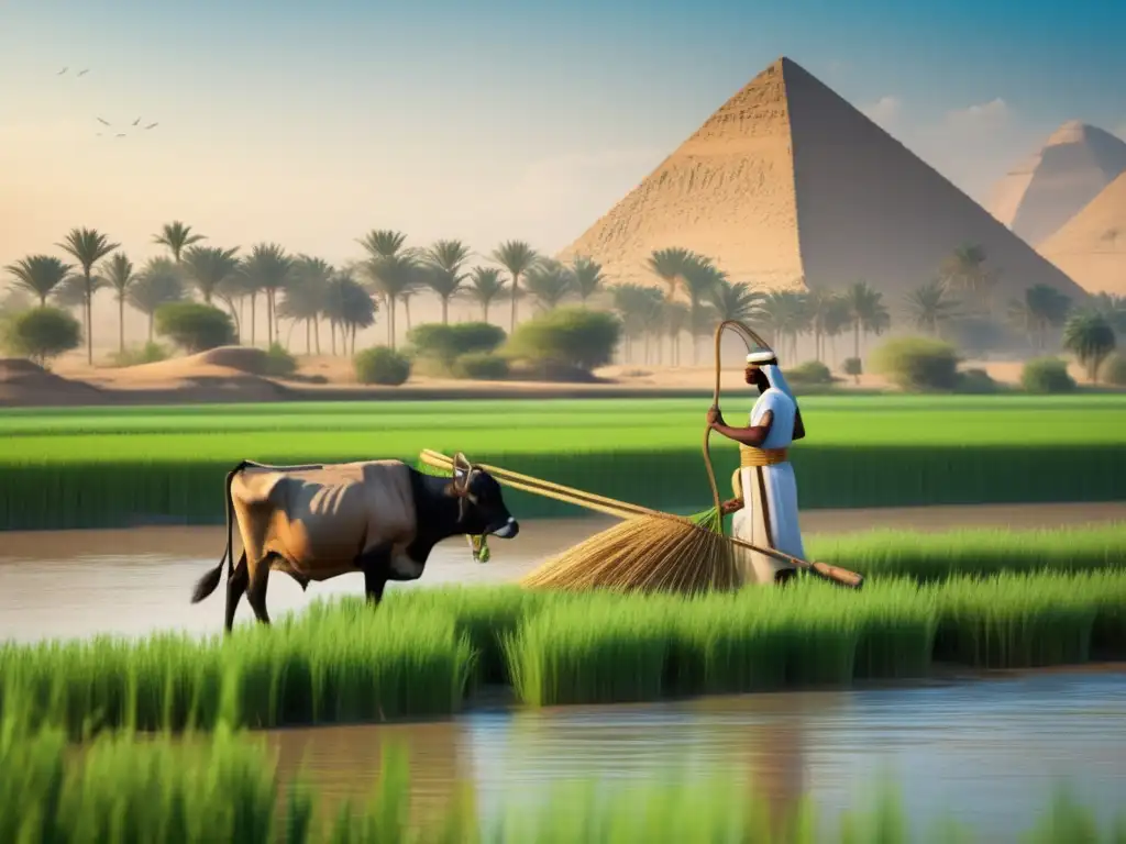 Innovaciones agrícolas en el Antiguo Egipto: Un granjero egipcio atiende su fértil campo a orillas del majestuoso Nilo