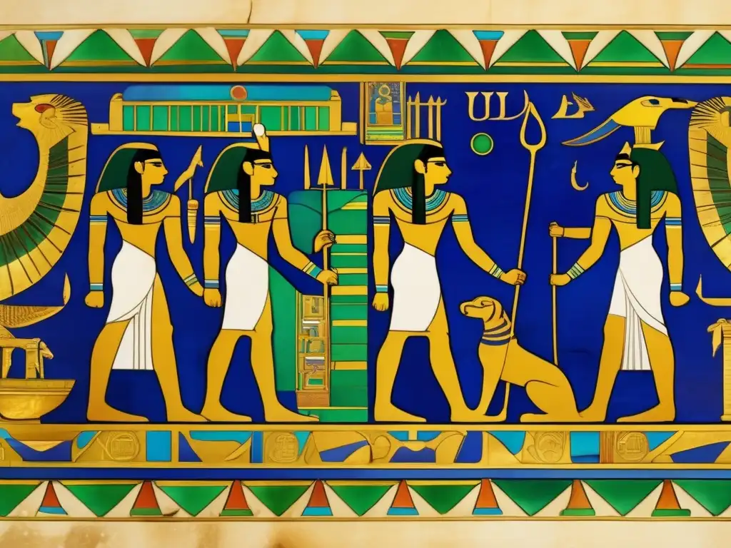 Innovaciones artísticas del arte egipcio: Un antiguo pergamino se despliega, revelando un mural egipcio con colores vibrantes y detalles meticulosos