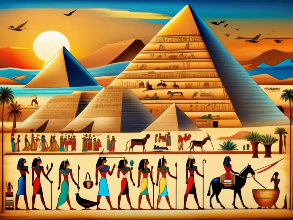 Innovaciones artísticas del arte egipcio: una pintura en papiro detallada en 8k muestra hieroglíficos intrincados, colores vibrantes y la vida cotidiana en el antiguo Egipto, con las icónicas pirámides al fondo