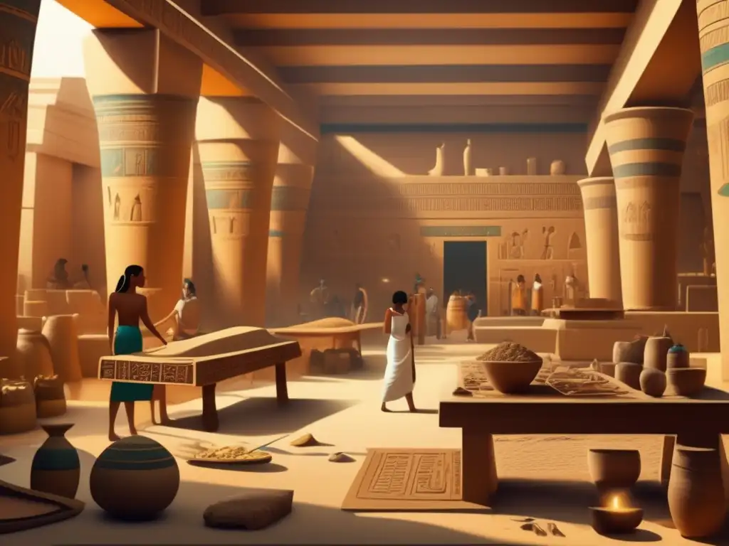 Innovaciones tecnológicas en el Antiguo Egipto: Una ilustración detallada muestra un taller egipcio antiguo, lleno de actividad