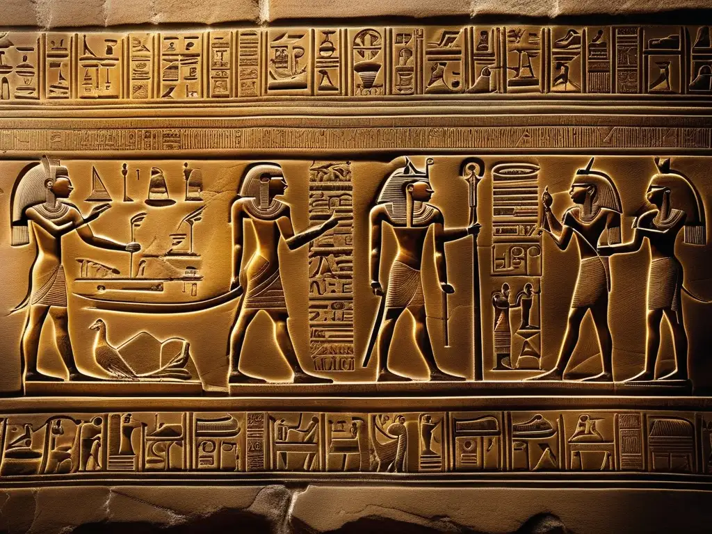 Una inscripción jeroglífica egipcia antigua, detallada y bien conservada, tallada en una antigua tabla de piedra