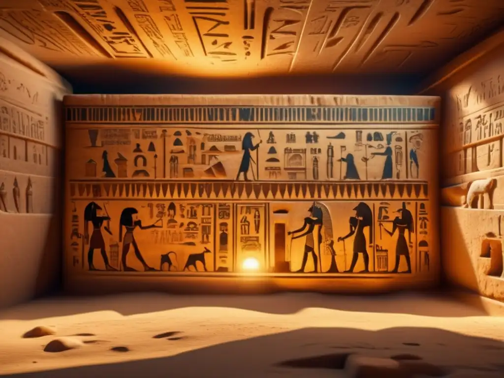 Inscripciones funerarias del antiguo Egipto en una cámara de tumba egipcia vintage