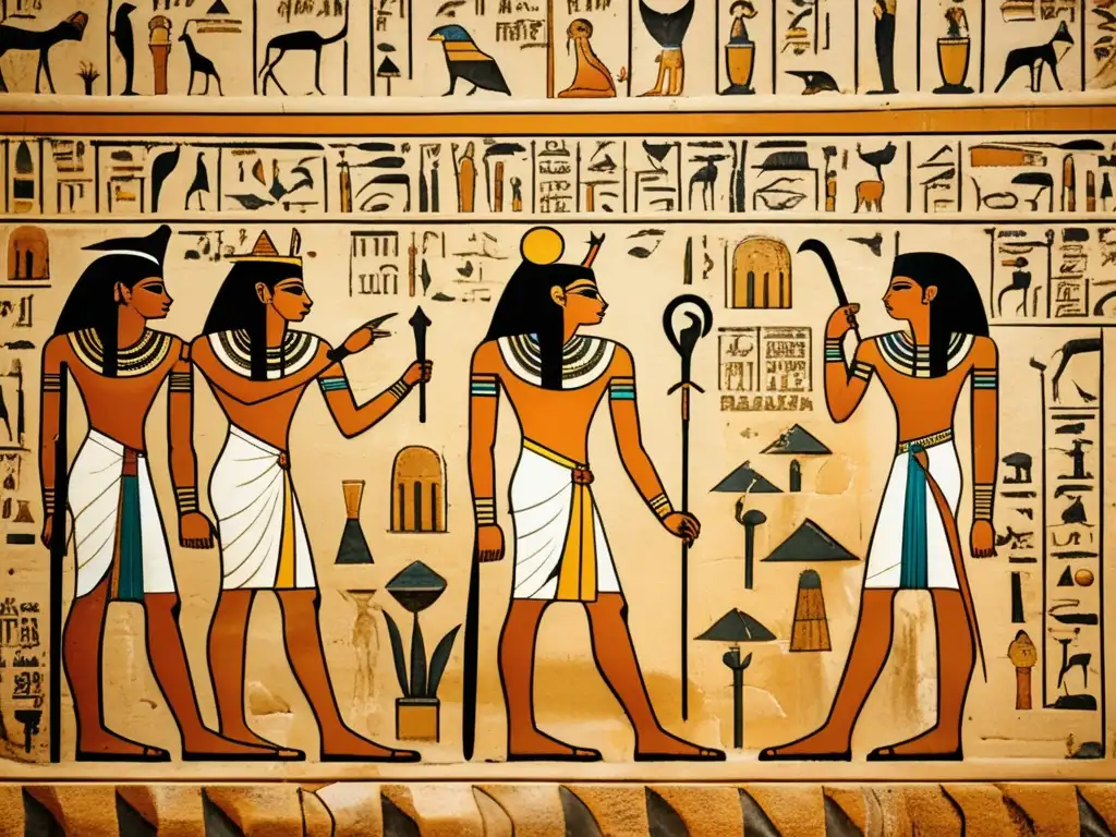 Inscripciones funerarias del antiguo Egipto: una imagen detallada de una pared de una tumba cubierta de inscripciones e intrincados jeroglíficos