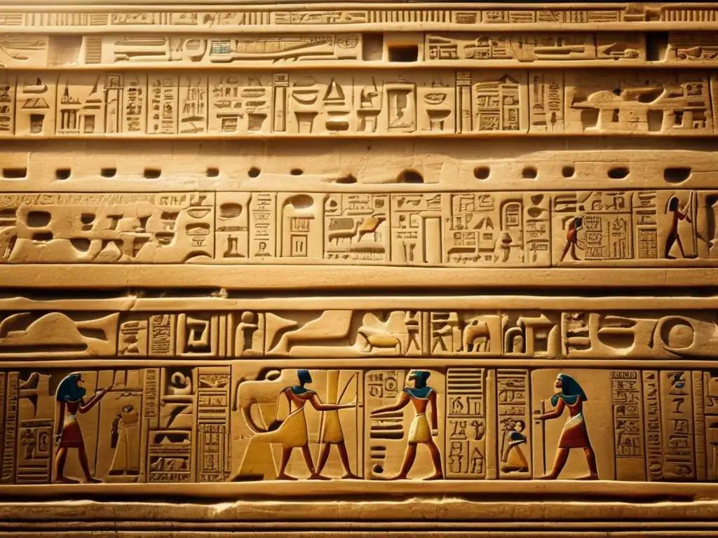 Descifrando inscripciones en templos egipcios: Detalle de una antigua pared cubierta de jeroglíficos, revelando historia y belleza