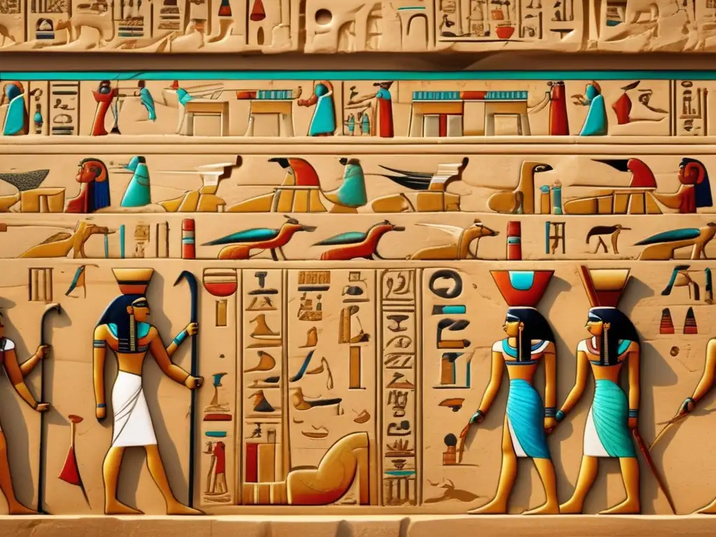 Descifrando inscripciones en templos egipcios: Una imagen detallada de una pared antigua cubierta de jeroglíficos