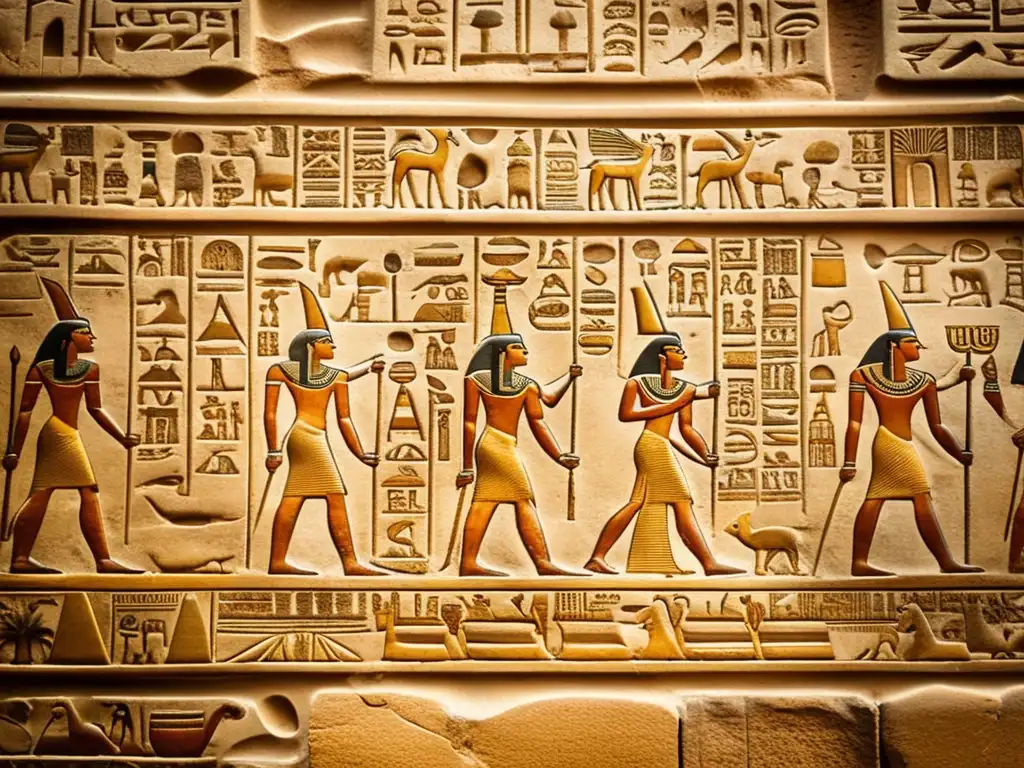 Descifrando inscripciones en templos egipcios: Una imagen vintage muestra una inscripción jeroglífica tallada en una pared antigua